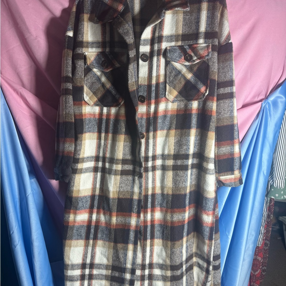 Plaid Long Flannel Coat with Button Closure